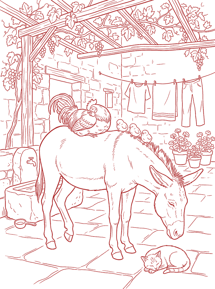 Red line drawing: a rooster naps on a donkey's back