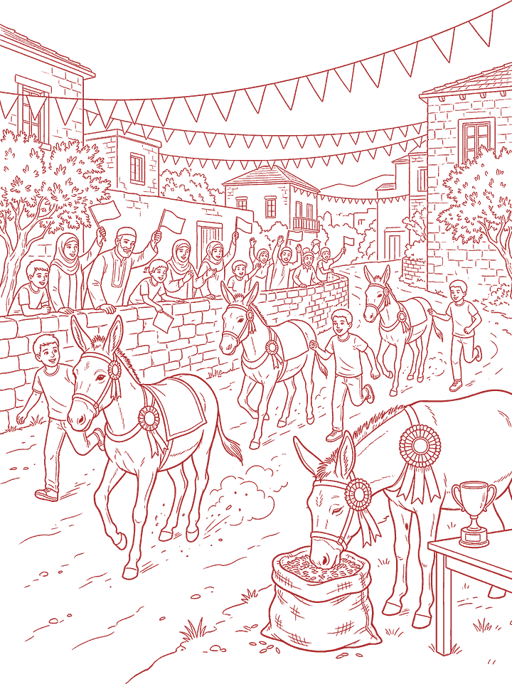 Red line drawing: the Roum donkey race