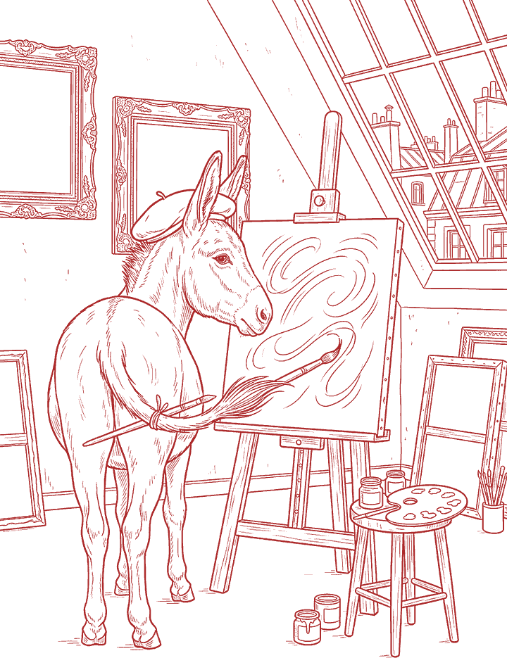 Red line drawing: Lolo, painter of Paris