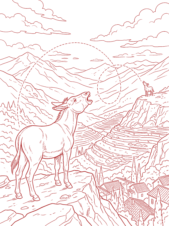 Red line drawing: Hello Across the Valley