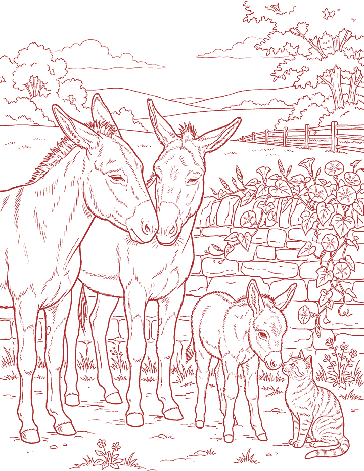 Red line drawing: How Donkeys Say Hello