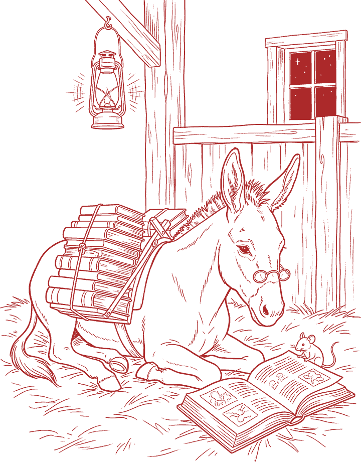 Red line drawing: The Donkey Carrying Books