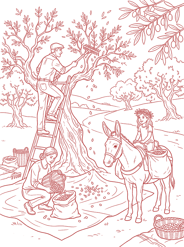 Red line drawing: Olive Season