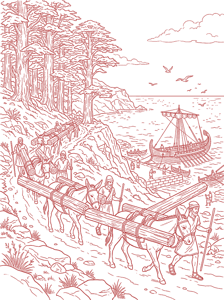 Red line drawing: cedar logs carried down to the sea