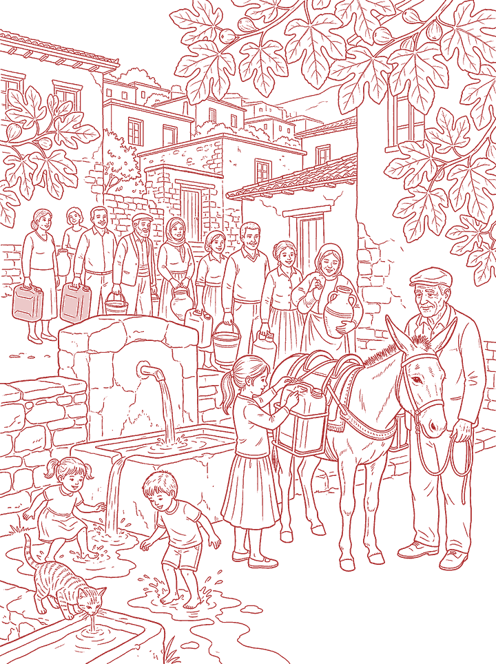 Red line drawing: filling water at the village spring