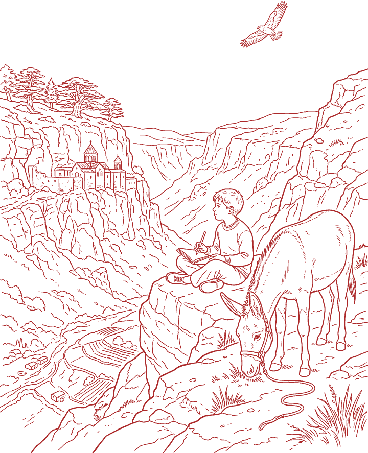 Red line drawing: Above the Holy Valley