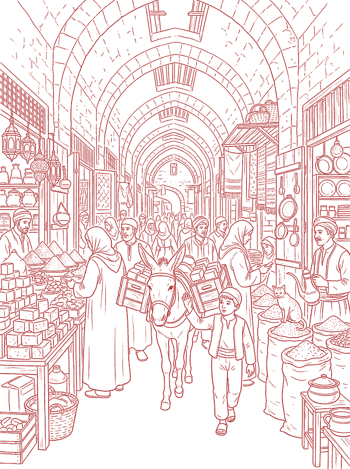 Red line drawing: Through the Souk