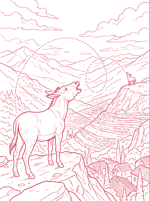 Red line drawing: a donkey brays across a terraced valley