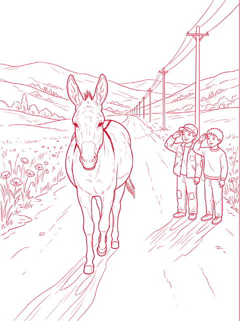 Red line drawing: a donkey walks down a village road while children salute