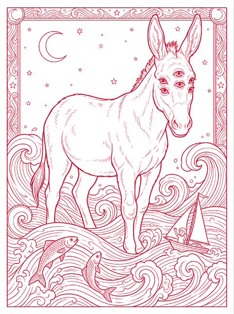 Red line drawing: the mythical three-legged donkey in the ocean