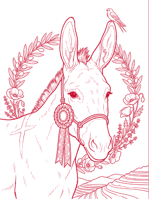 Red line drawing: a donkey portrait framed by an olive wreath