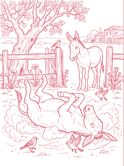 Red line drawing: a donkey rolls in the dust