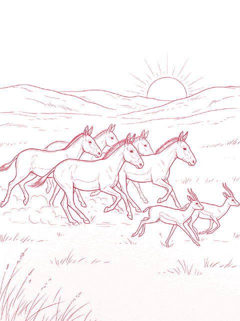 Red line drawing: Syrian wild asses gallop free at dawn