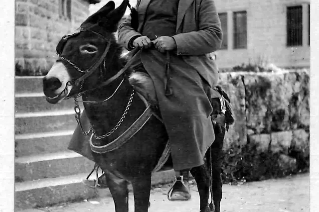 A rider and his donkey on a Beirut street, around 1900